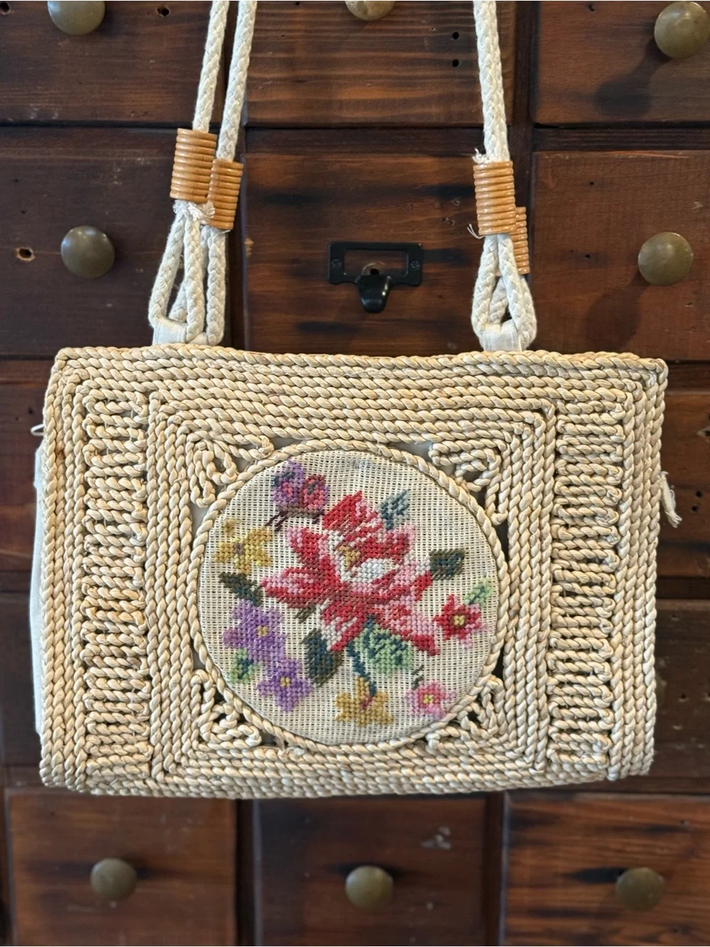 Vintage Artisan Needlepoint Purse Handbag Shoulder Bag Hemp Jute 1950s